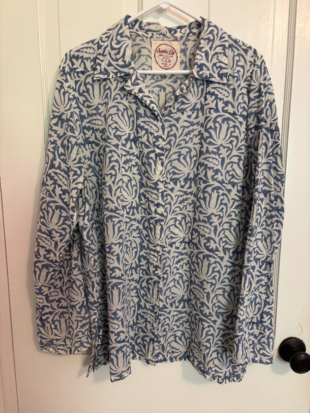 Button down blouse - blue and white print